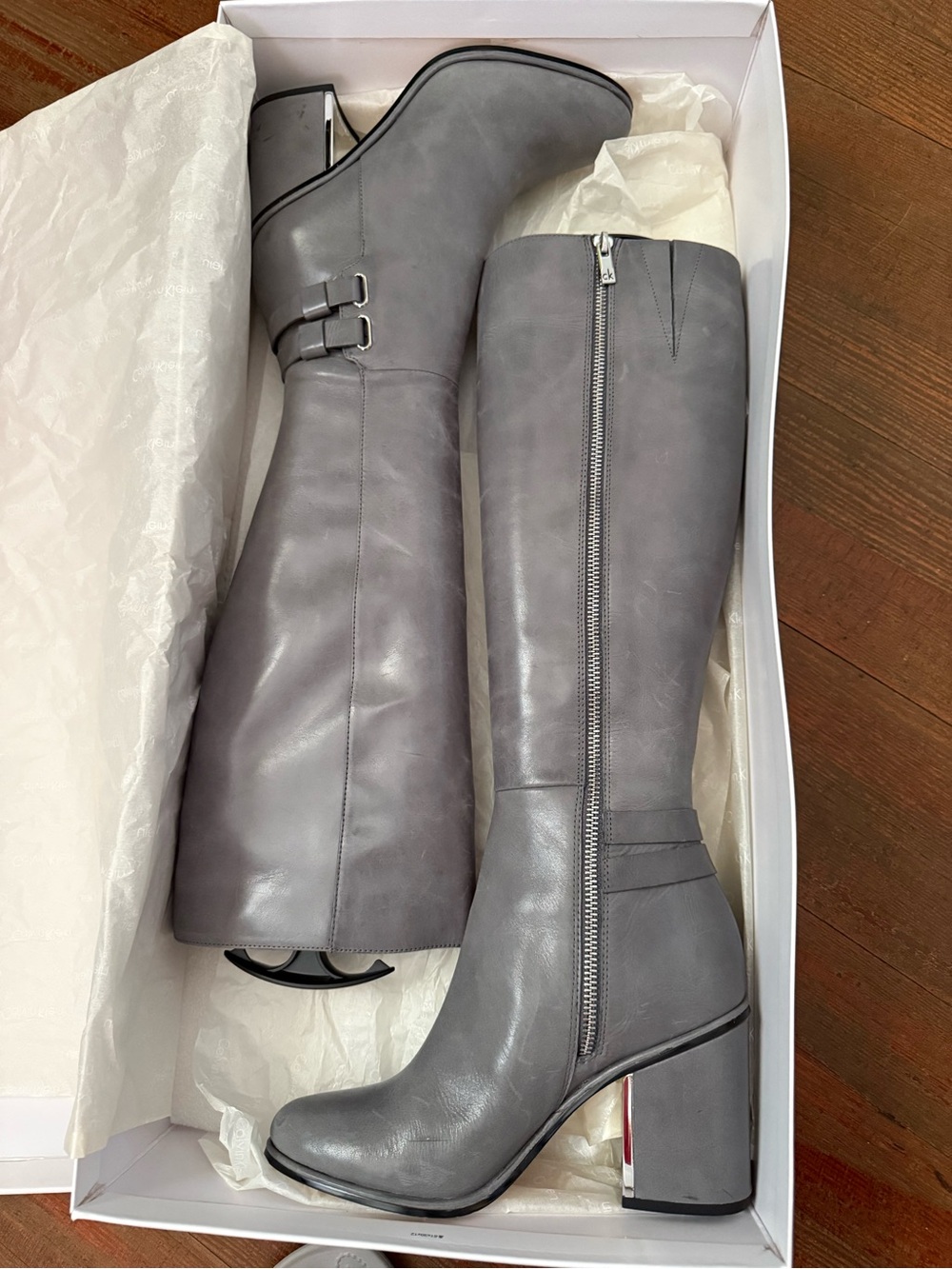 Calvin Klein Gray Leather Knee-High Block Heel Boots